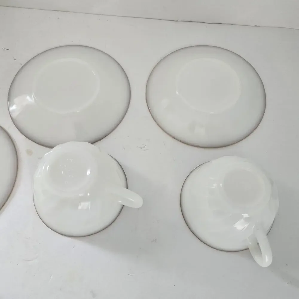 Vintage Fire King Cups Saucers GOLDEN ANNIVERSARY Swirl Gold Rim Set of 4 1950s
